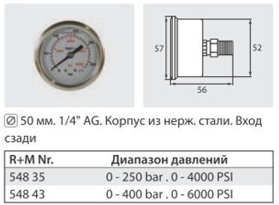 Манометр вход сзади 1/4"ш; Д 50мм; 0-250 бар (нерж)